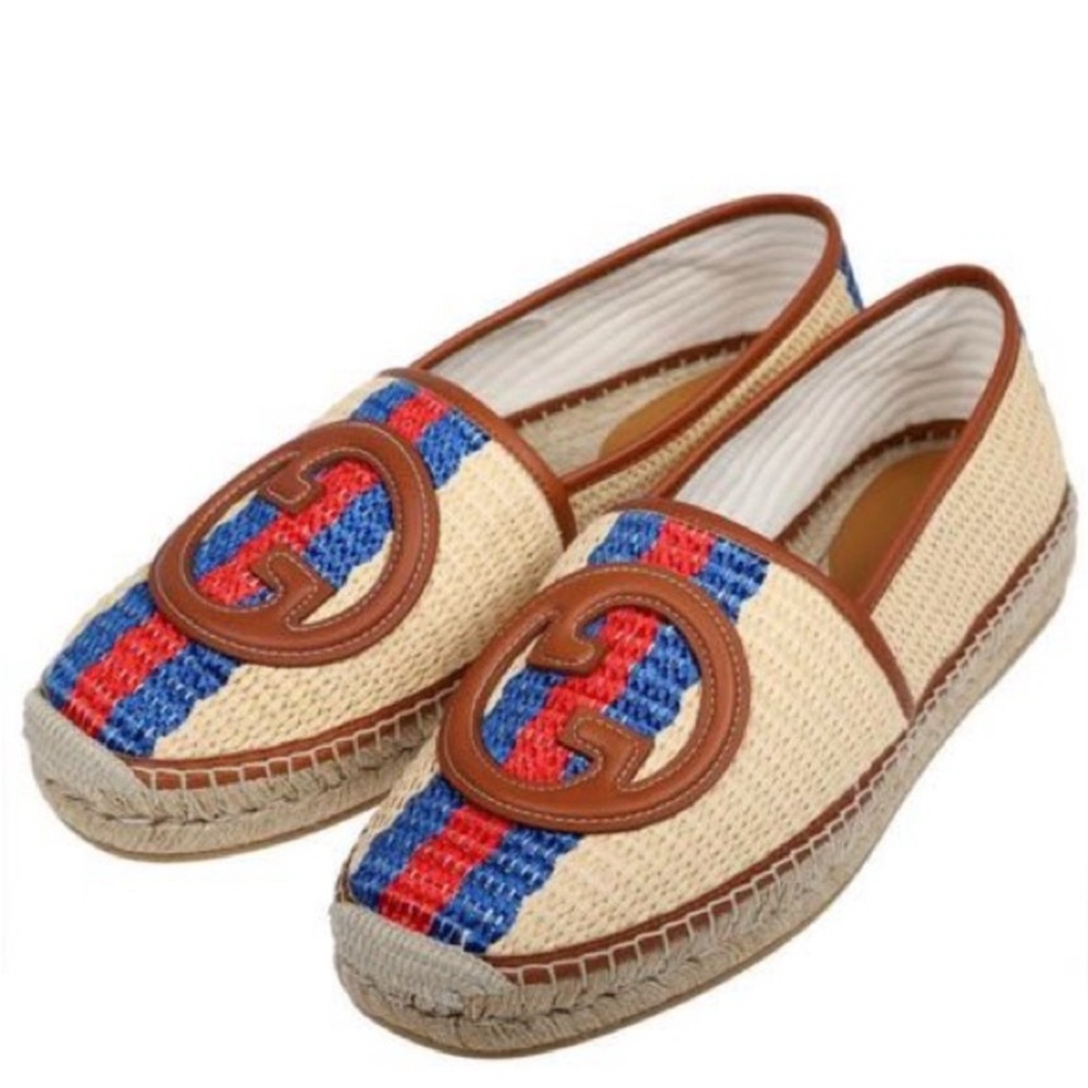 Gucci Brown Raffia GG Espadrilles Red Blue Stripe